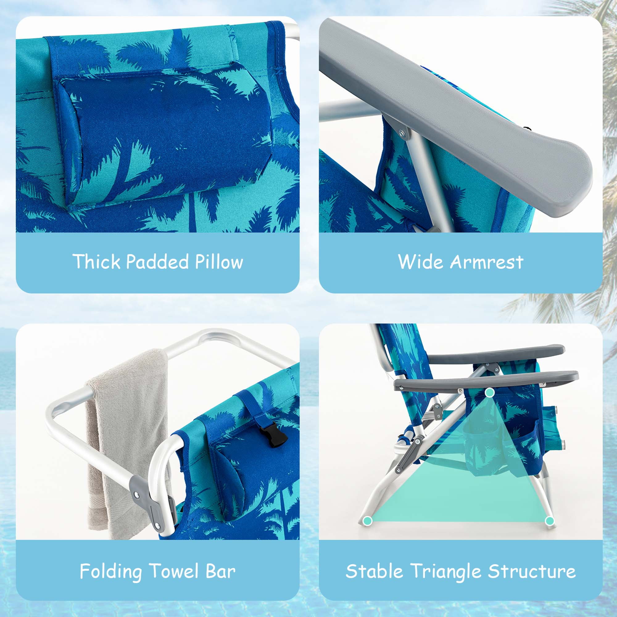 Costway 2-Pack Folding Backpack Beach Chair Table Set 5-Position Outdoor Reclining Chair Navy