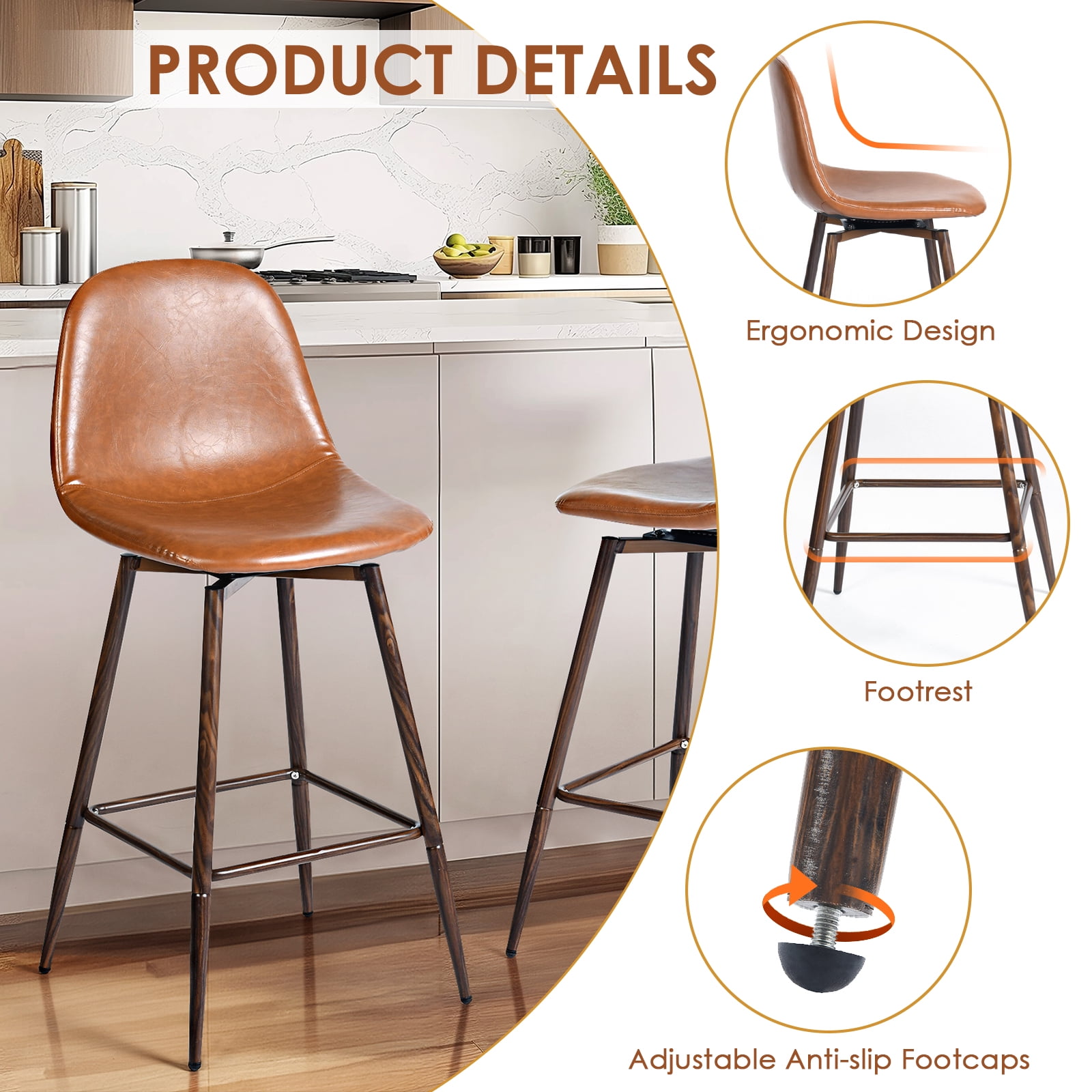 Homy Casa 26" Counter Height Bar Stools Set of 2, Swivel Stools for Kitchen Island, Caramel Brown