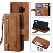 Dteck Wallet Case For Samsung Galaxy S9 , Matte PU Leather Case Built-in 9 Card Slots Zipper Purse Flip Cover With Hand Strap, Black