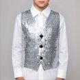 thumbnail image 2 of Kids Sequin Vest Kids Boys Sleeveless V Neckline SilverVest Shiny Dance Vest Hop Jazz Modern Dance Stage Performance Vest Waistcoat 9-10 Years, 2 of 5