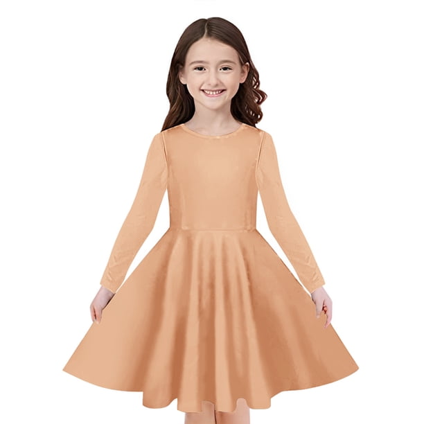 Odeerbi Niñas Manga Larga A-Vestido de Manga Larga Para Niñas Vestido Acampanado de Primavera Vestido Elástico de Colores Sólidos Vestido de Patinadora Twirly Vestido de Recital Escolar