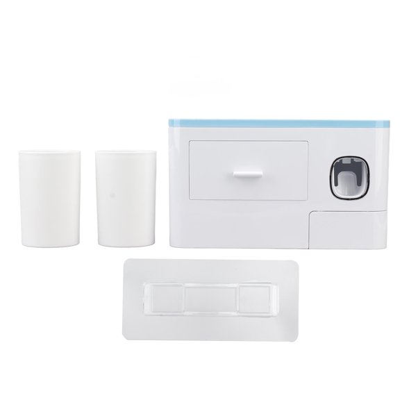 Xirurus Wall Mount Toothpaste Dispenser with 2 Toothbrush Holders, No Drill Adhesive, Blue Bathroom Organizer