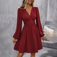thumbnail image 6 of Efsteb Mini Dresses for Women Formal V Neck Lantern Long Sleeve Ruched Waist Dress High Waisted Casual Cocktail Dress (Wine,XL), 6 of 8