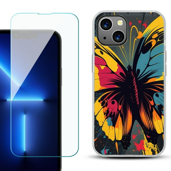 OneToughShield ® for iPhone 15 Plus Shockproof Phone Case, with Tempered Glass Screen Protector - Abstract Butterfly