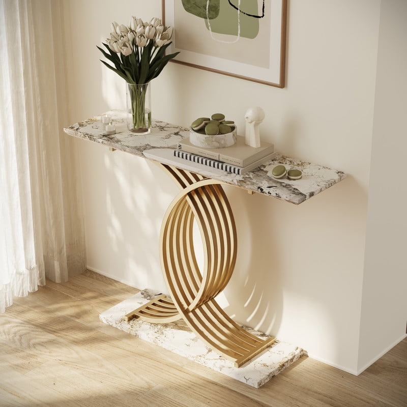 Accent Console Sofa Table with Gold Intertwined Crossed Metal Base, Entryway Display Side Table with Faux Marbling Top