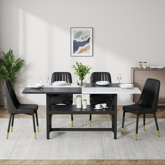 71" Dining Table Set for 4, Two-color Splicing Dining Table with 4 PU Chairs & Gold Metal Legs, Modern Kitchen Table Chairs Set for Kitchen, Dining Room