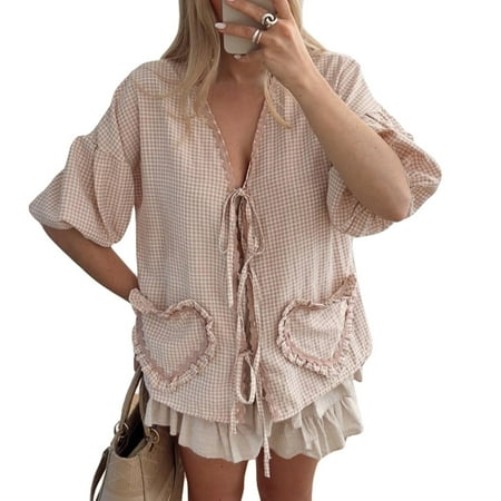 Women Plaid Babydoll Blouse 3/4 Puff Sleeve Tie Front Shirt Top Aesthetic Ruffle Hem Heart Pocket Lace Up Going Out Tops