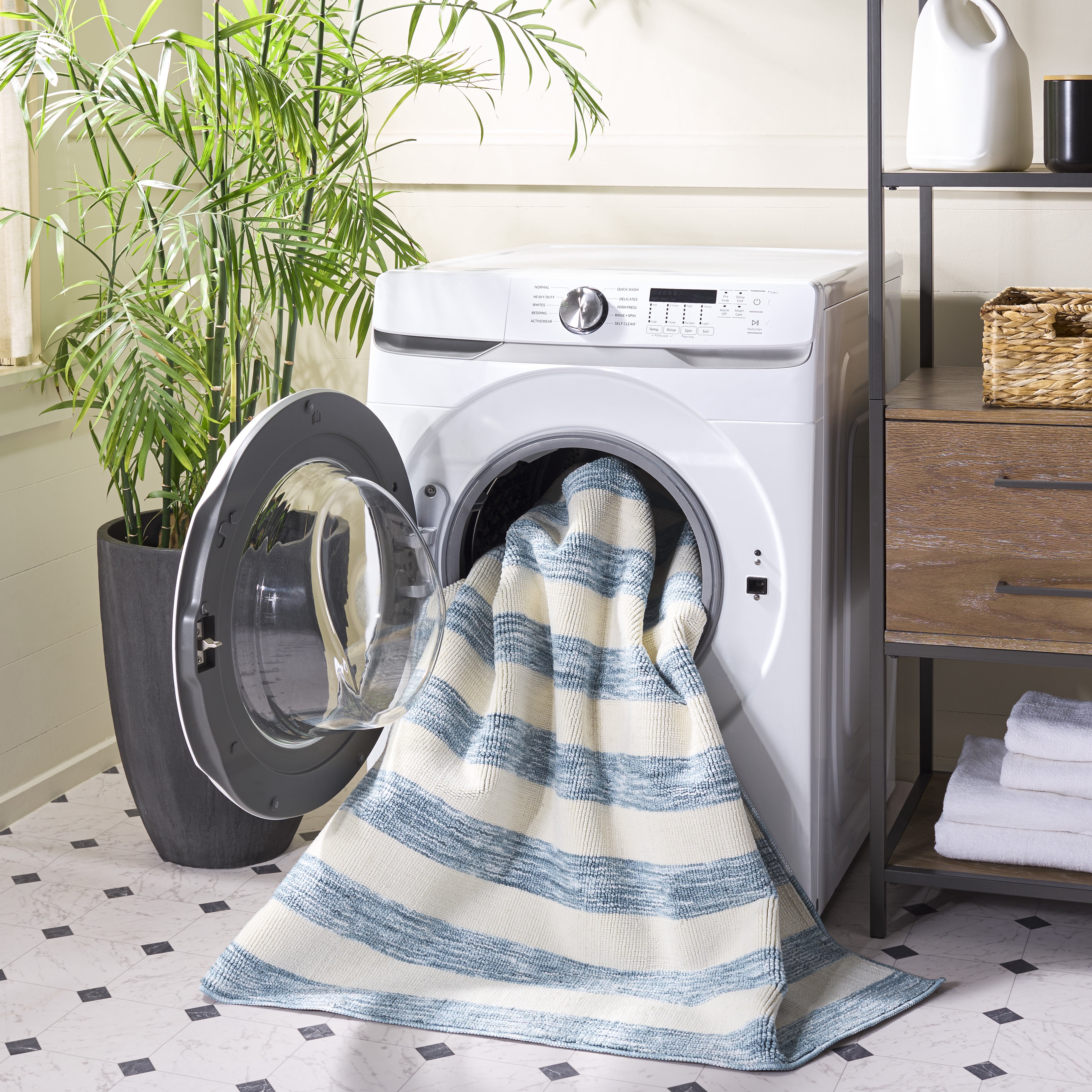 Safavieh Easy Care Fergal Striped Polyester Machine Washable Area Rug, Light Blue/Ivory, 4' x 6'