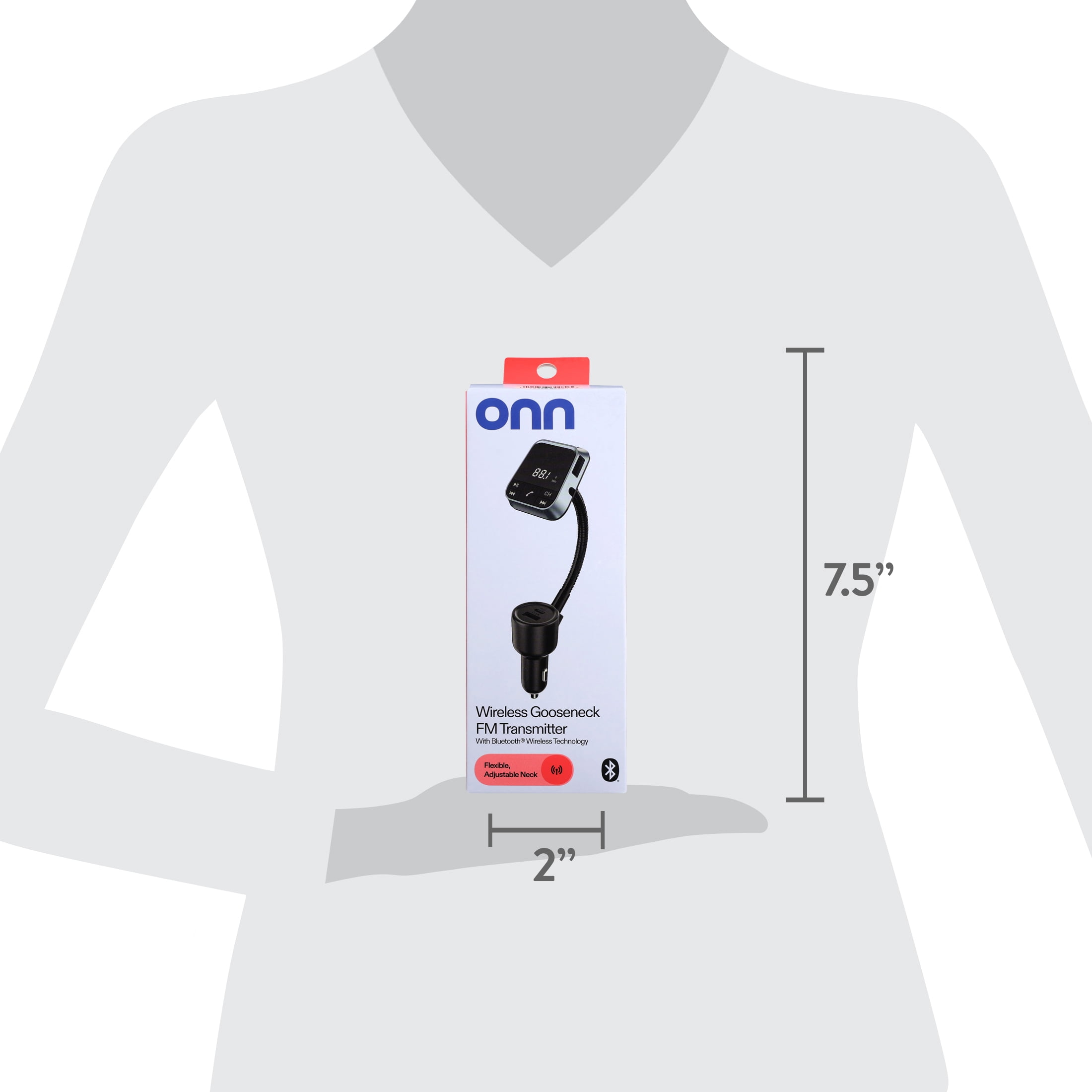 Onn Gooseneck Bluetooth FM Transmitter, Flexiable Adjustable Viewing Angle, Dual Charging Ports, Compatible with Smartphones