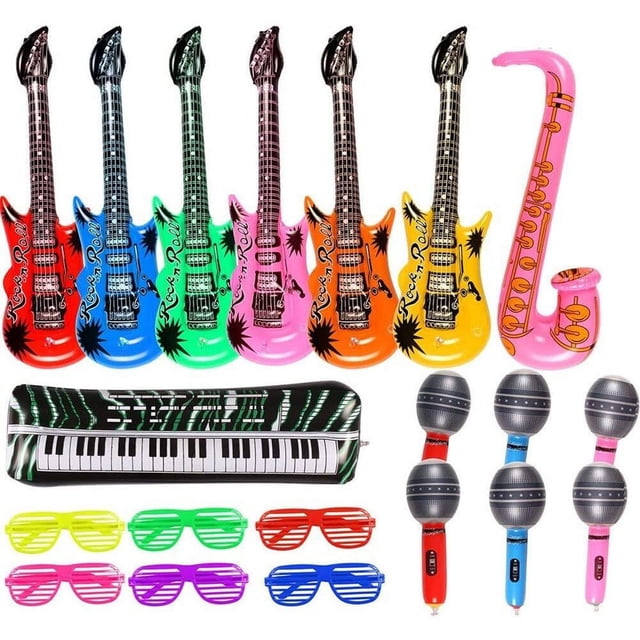 20 Pack Inflatable Rock Star Toy Set Music Instruments Party Props 6 Inflatable Guitars, 6