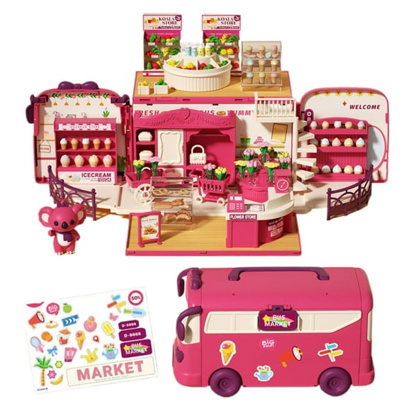 kjfeif 2025 Unique Design Dollhouse Playset , DIY Pretend Portable Bus Toy Kit with Little Critters Bunny Dolls Mini Cottage House Set Camping Family Toys for Toddler 3 4 5 6 Year Old