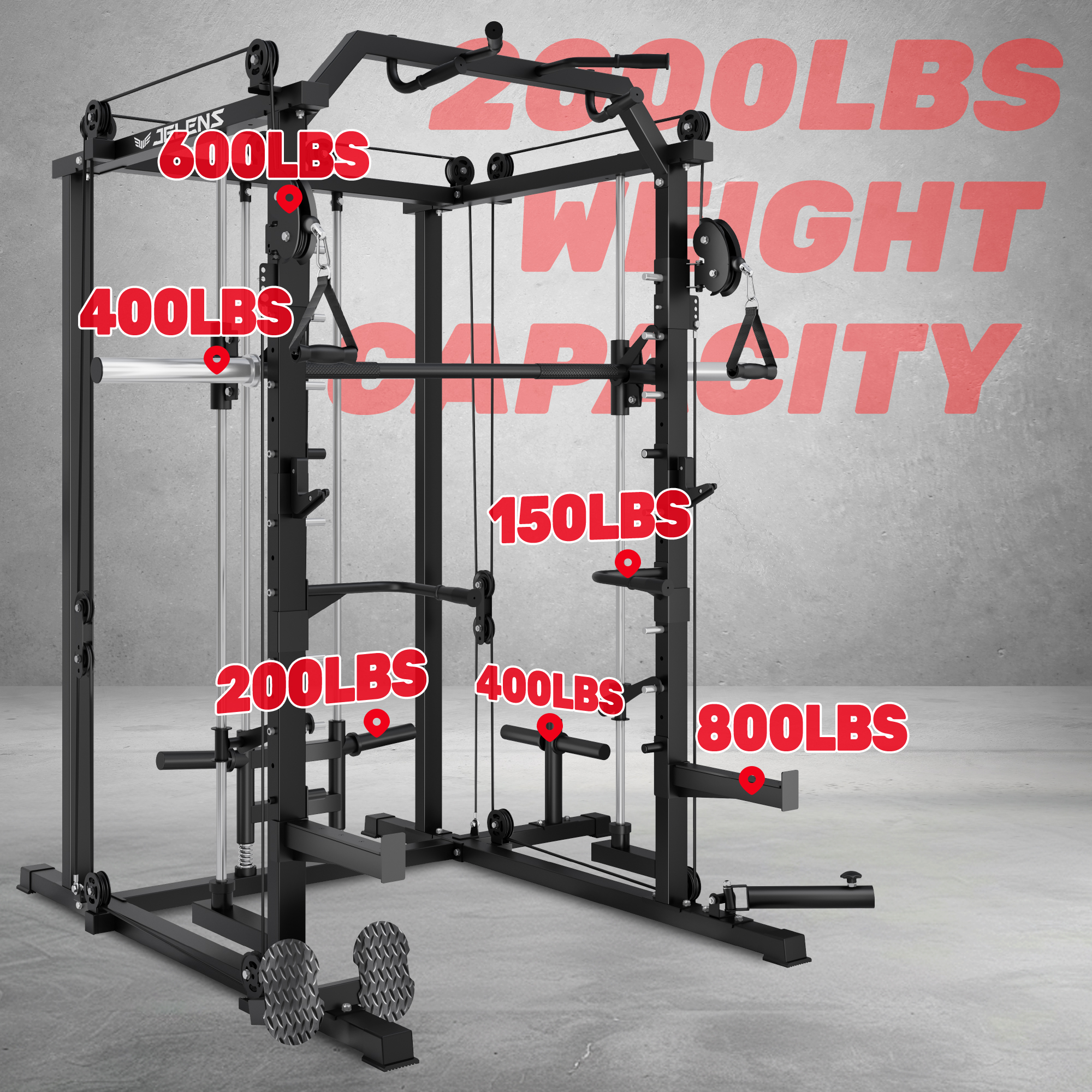 JELENS Smith Machine, 2000LBS M11 Multi-Function Squat Rack Power Cage with Cable Crossover System and Smith Bar, All-in-One LAT Pull-Down Machine for Home Gym
