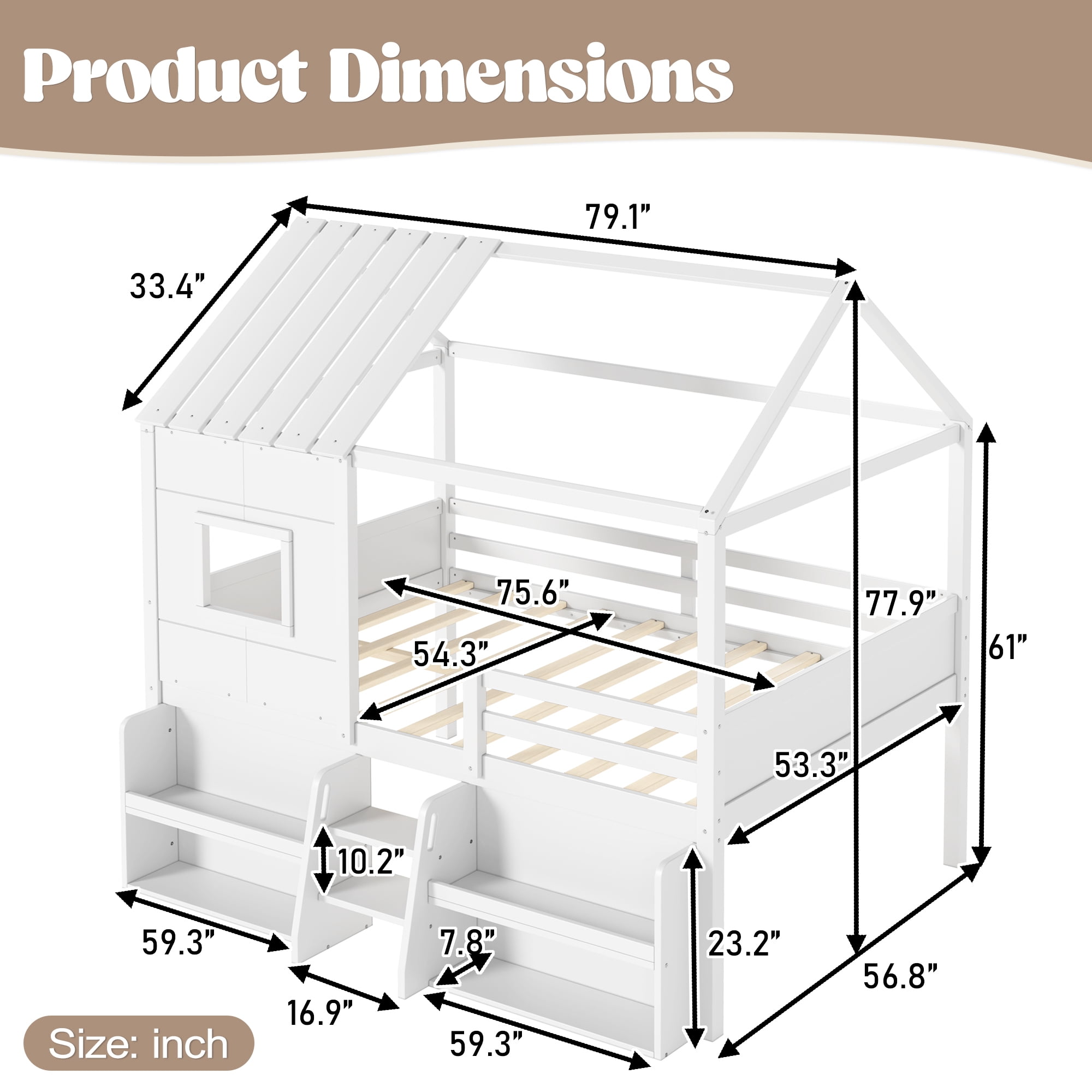 Leumius Full Size Loft Bed with Storage Shelves and Stairs, House Loft Bed with Playhouse Shape Roof and Window, Childlike and No Box Spring Needed Design, White