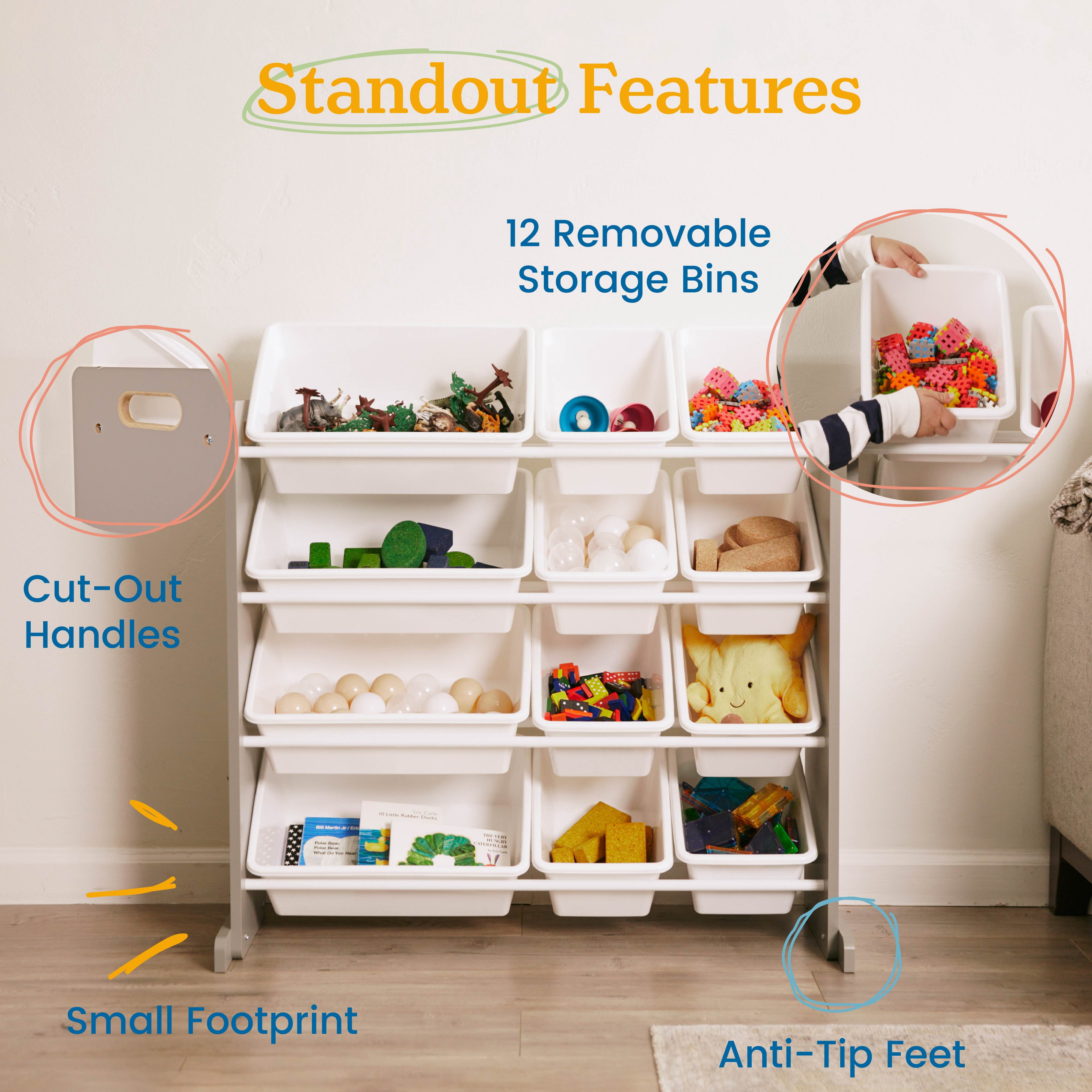 ECR4Kids 4-Tier Organizer with 12 Removable Plastic Bins, 4x3, Toy Storage, Grey/White