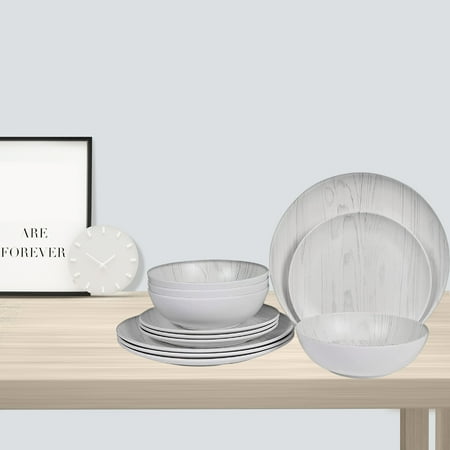 

12 Piece Melamine Dinnerware Set Light grey wood grain
