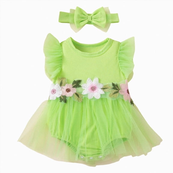 mgoYE Newborn Baby Girl Summer Rompers Summer Dress Infant Ruffled Sleeveless Clothes with Headband 3 6 9 12 18 Months(Green,6-9 Months)
