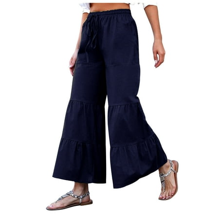 

YanHoo Women s Loose Wide Leg Pants Linen Elastic Waist Long Trouser Summer Lounge Yoga Pants