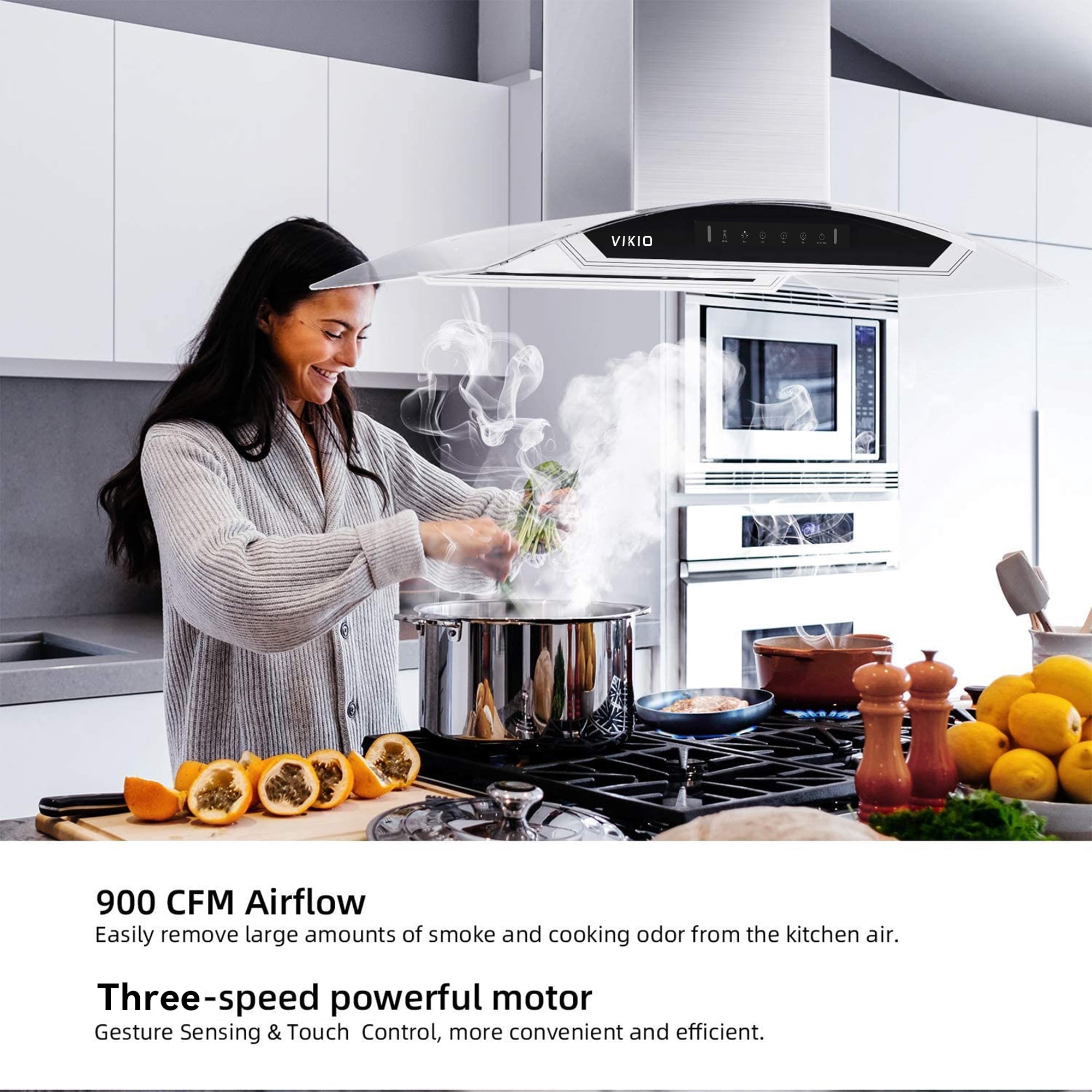VIKIO 30 Inch Island Range Hood 900 CFM Stainless Steel Curved Glass Kitchen Vent Hood with Gesture Control Dual Side Touch Panel 4 LED Lights ETL Certified