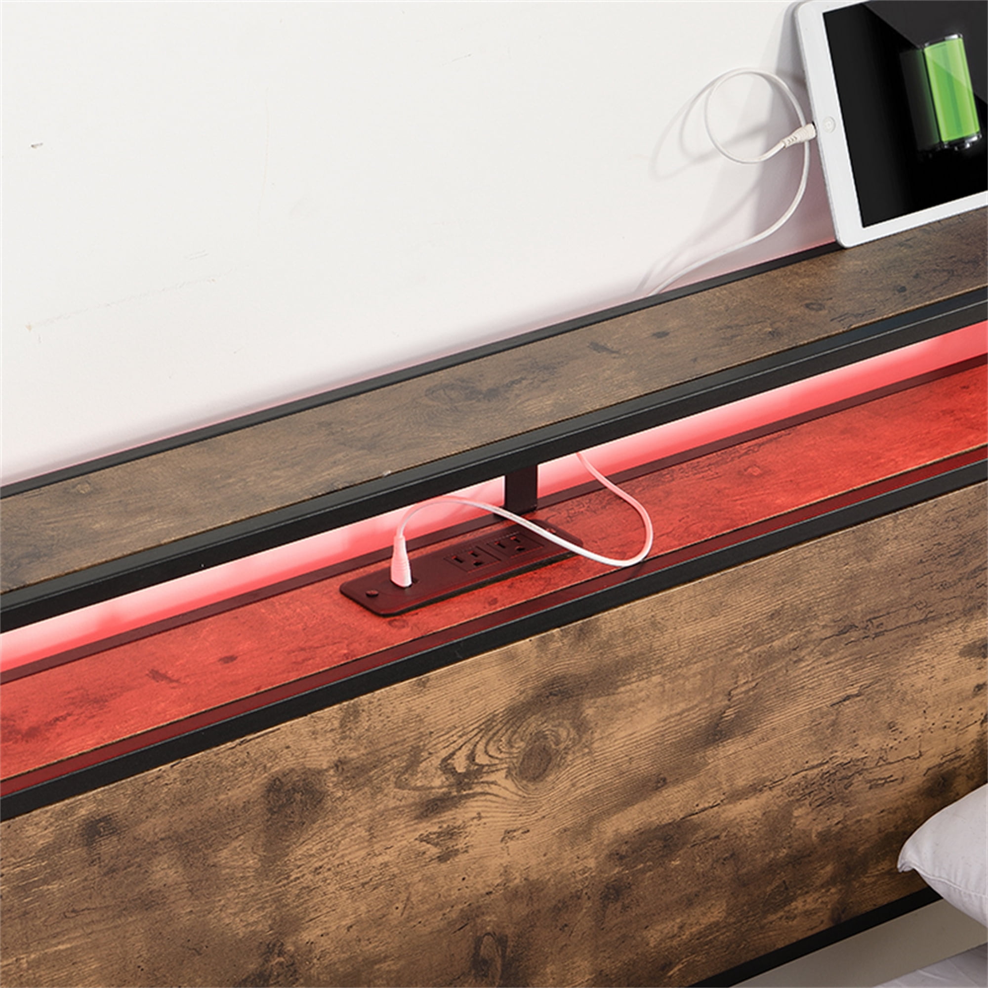 Aukfa Metal Queen Size Bed Frame with USB Ports, 16 Colors LED Lights, 2 Storage Drawers, Brown