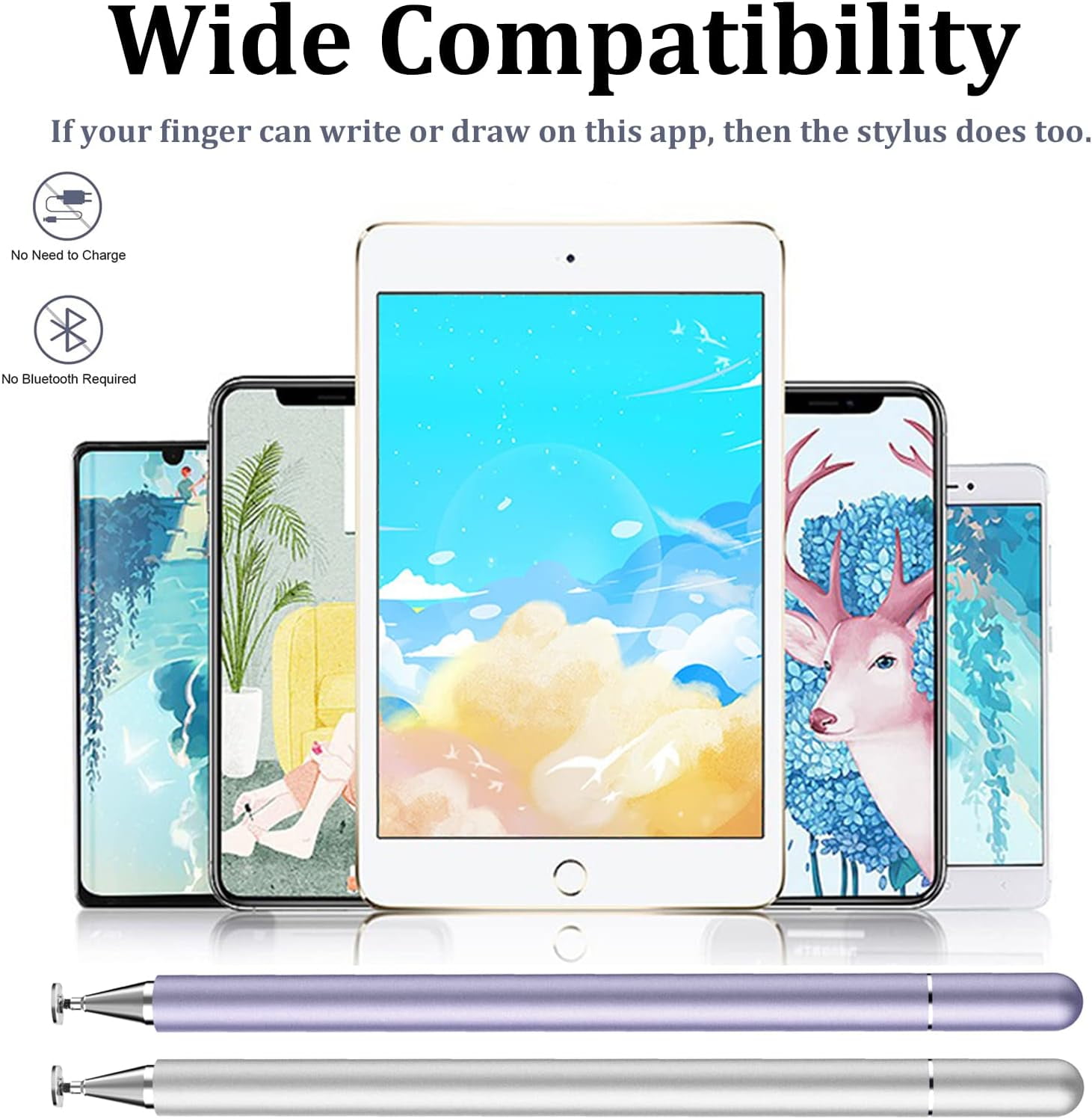 Stylus Pen for iPad, Stylus Pens for Apple/iPhone/Ipad pro/Mini/Air/Android/Microsoft/Surface Capacitive Touch Screens Universal with 4 Replacement Tips (2 Pcs, Purple and Silver)