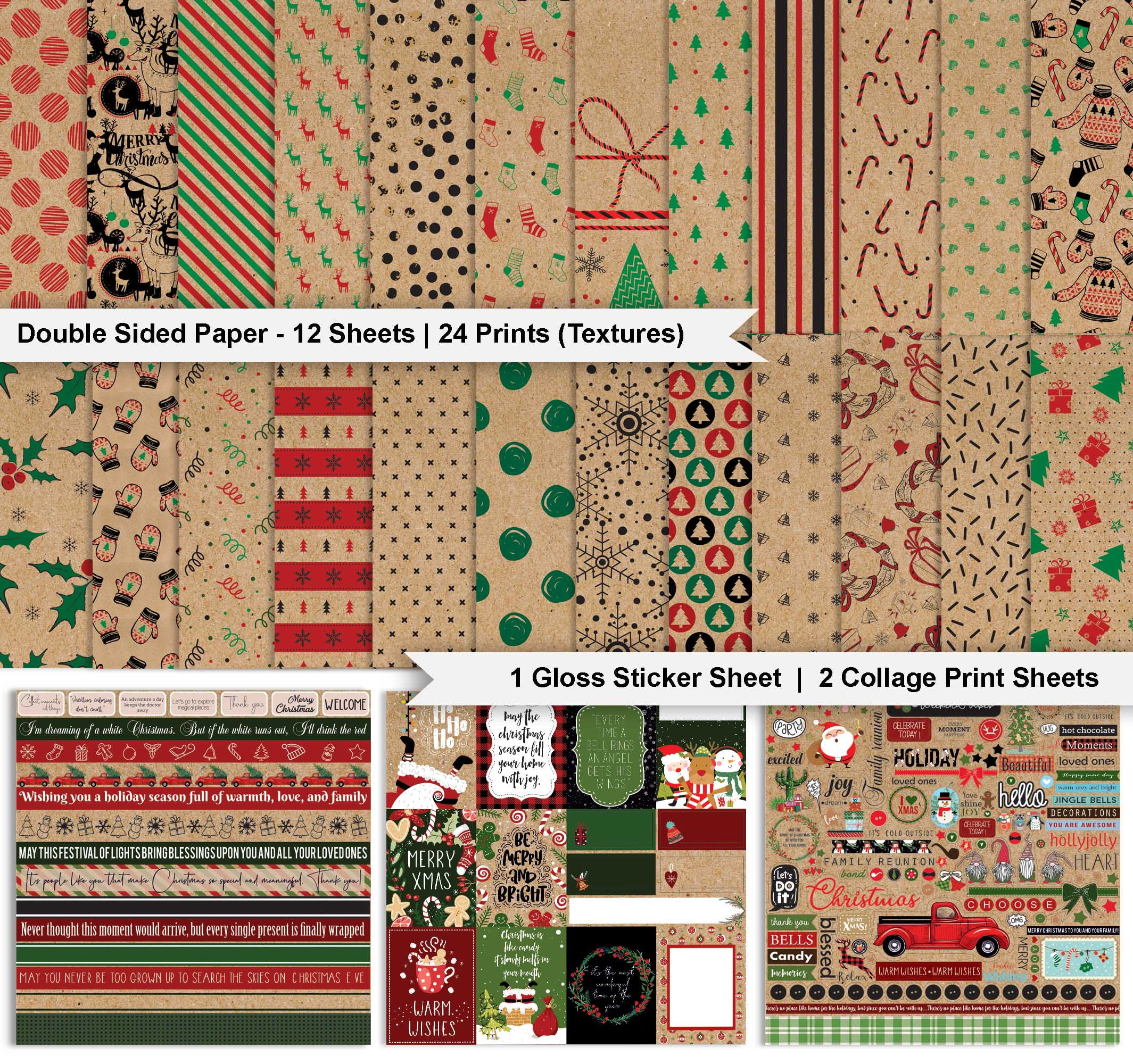 Inkdotpot Christmas Theme Collection Double-Sided Scrapbook Paper Kit Cardstock 12"x12" Card Making Paper Pack Of With Sticker Sheet - 16 Pages - Beige