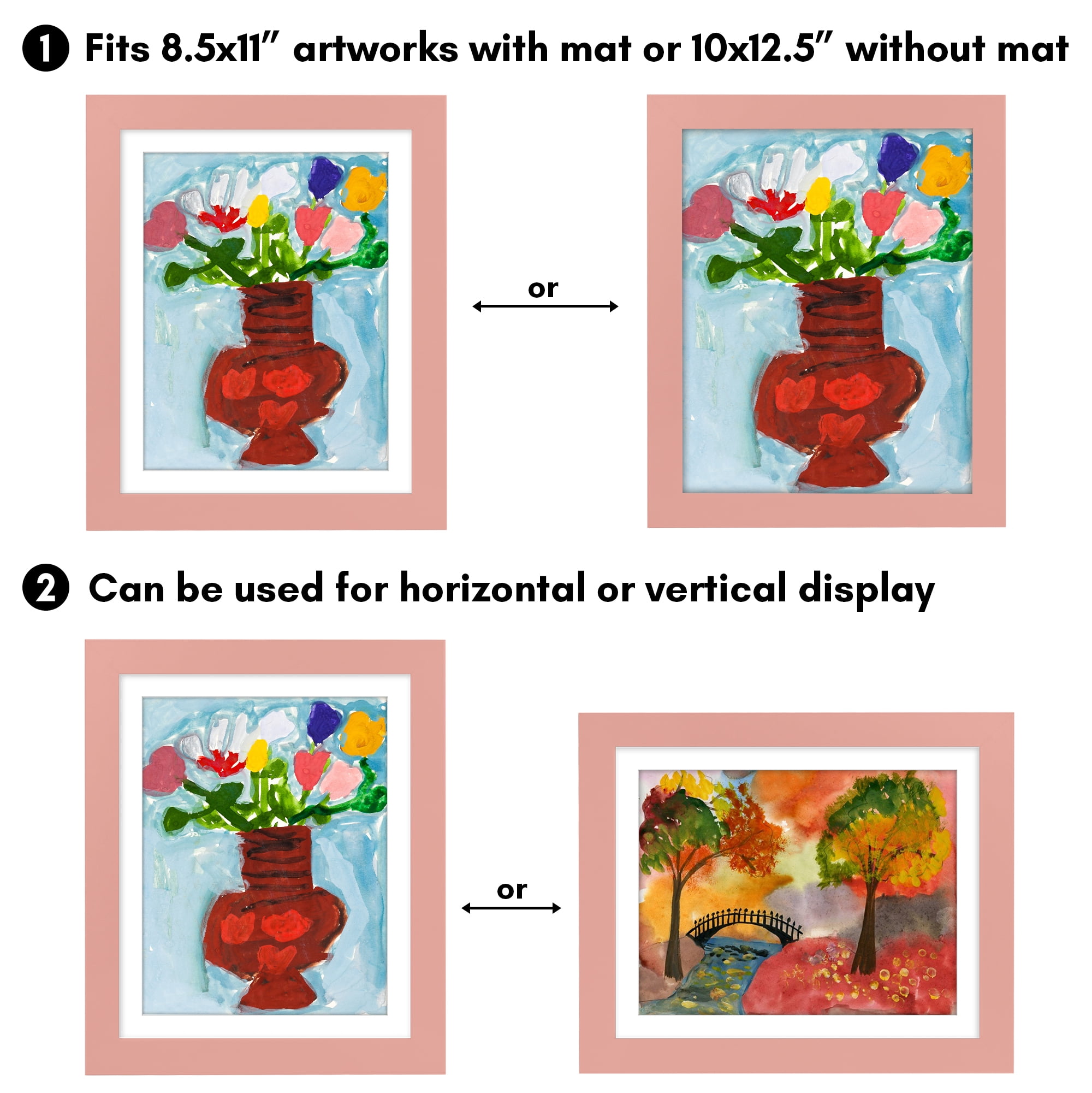 Americanflat 10x12.5 Kids Art Frame with 8.5x11 Mat Holds 100 Art Pieces Peachy Magnetic Letter Size Display - Pink