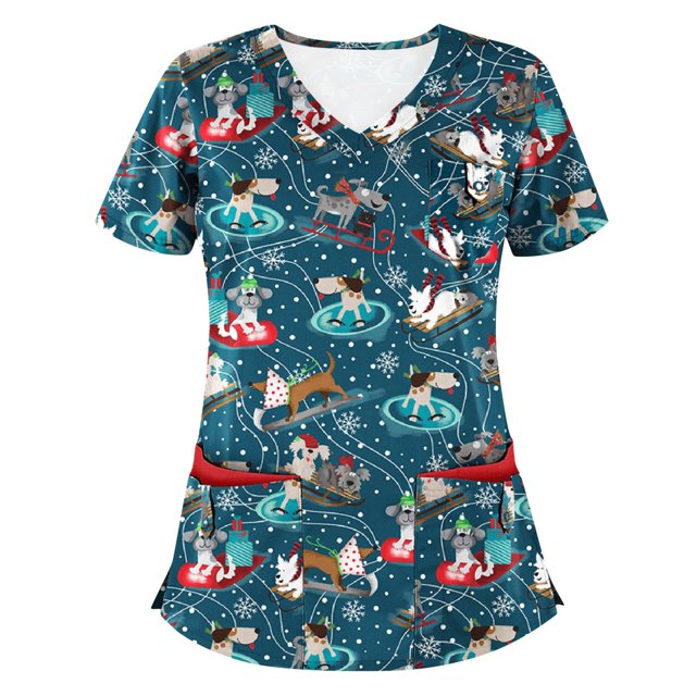 Puntoco Blusa de manga corta con cuello en V para mujer, uniforme de trabajo, blusa de Acción de Gracias de Navidad Puntoco Puntoco-6272