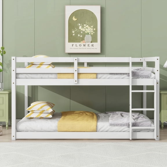 Solid Wooden Twin over Twin Bunk Bed, Ladder & Underbed Storage, White Finish