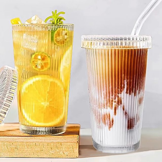 Taza de café helado de vidrio con tapa y pajita para accesorios de cafetería Taza de vidrio con pajita y tapa para decoración del hogar