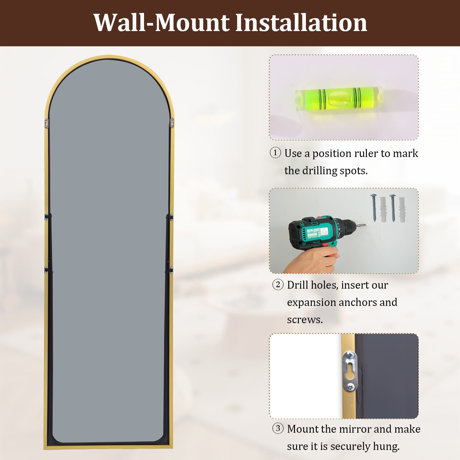 Easy4Home 58"x19" Arched Full Length Mirror with Aluminum Alloy Frame Freestanding Floor Dressing Mirror, Gold