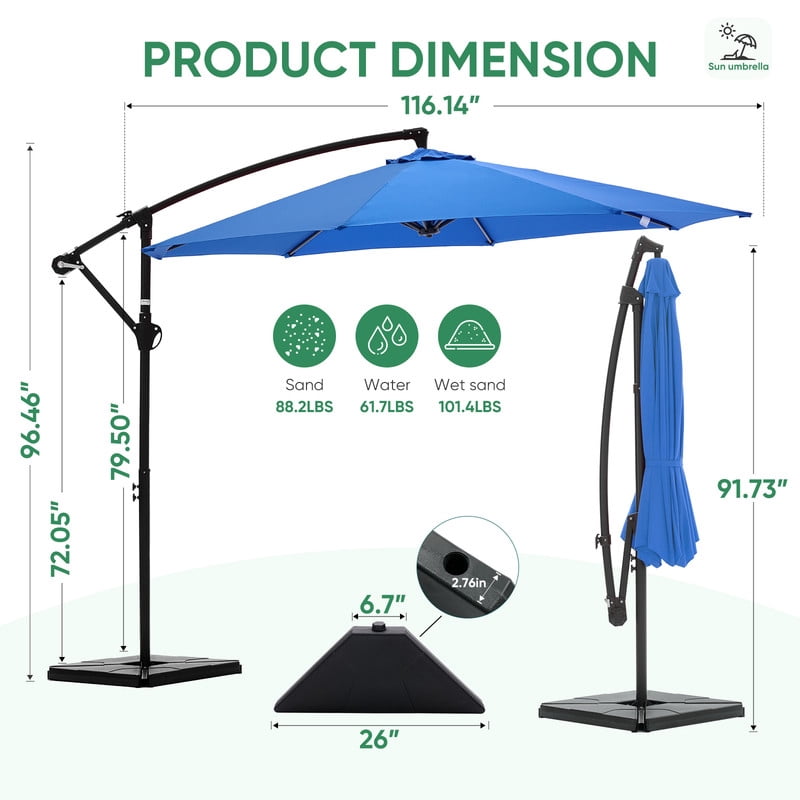 Gianna 10ft Offset Hanging Outdoor Patio Umbrella with Base Stand Rotate and Tilt, 8 Ribs, UV Protection for Pool Garden Backyard Market, Blue