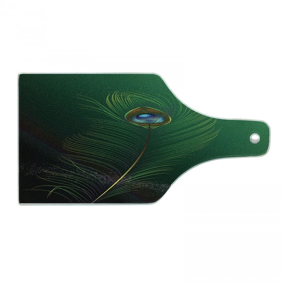 Peacock Cutting Board, Peacock Feather Illustration in Simplistic Style Wild Nature Life Print, Decorative Tempered Glass Cutting and Serving Board, Wine Bottle Shape, Green Blue, by Ambesonne