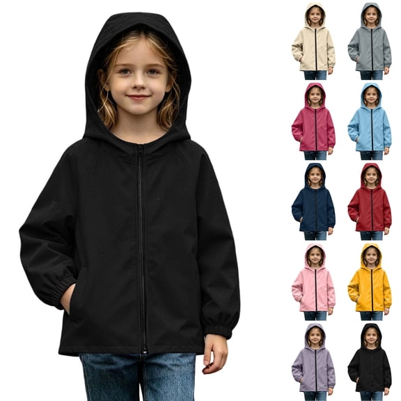 Husipze Rain Jacket for Kids Hooded Solid Full Zip Waterproof Lightweight Coat Windproof Breathable Girls Boys Outerwear Black 5-6 Years