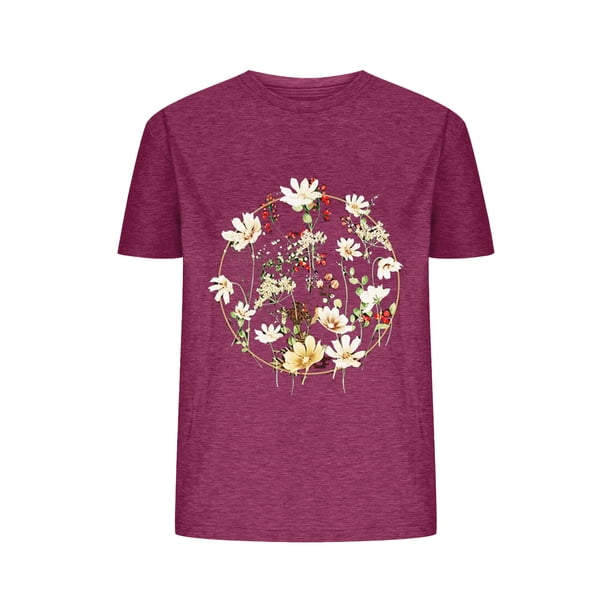 Blusas de Verano de las Mujeres Flor Impresa Cuello Redondo Manga Corta Superior, Verano Superior de las Mujeres