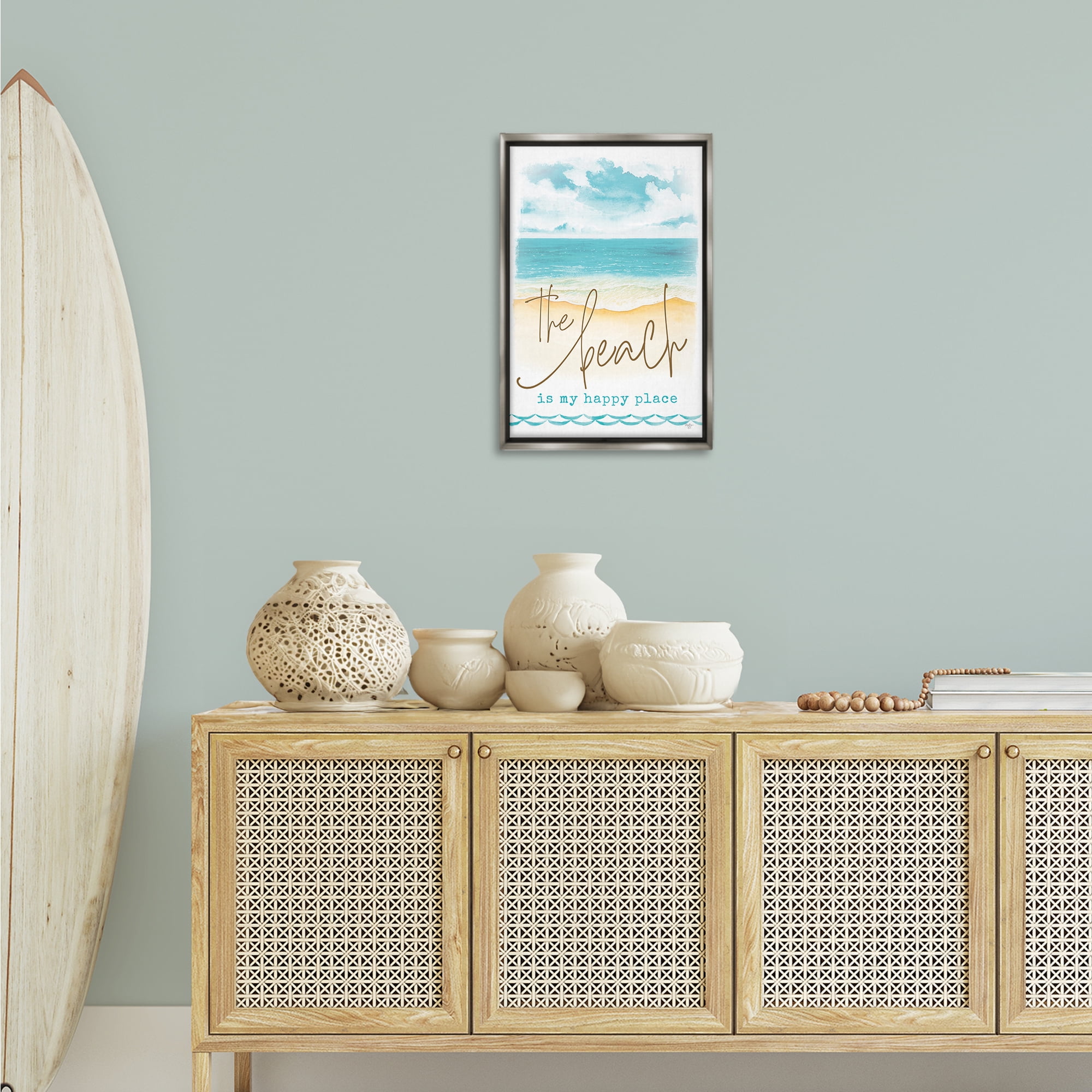 Stupell Industries Beach is Happy Place Text & Numbers Painting Gray Floater Framed Canvas Art Print Wall Art, 17 x 25