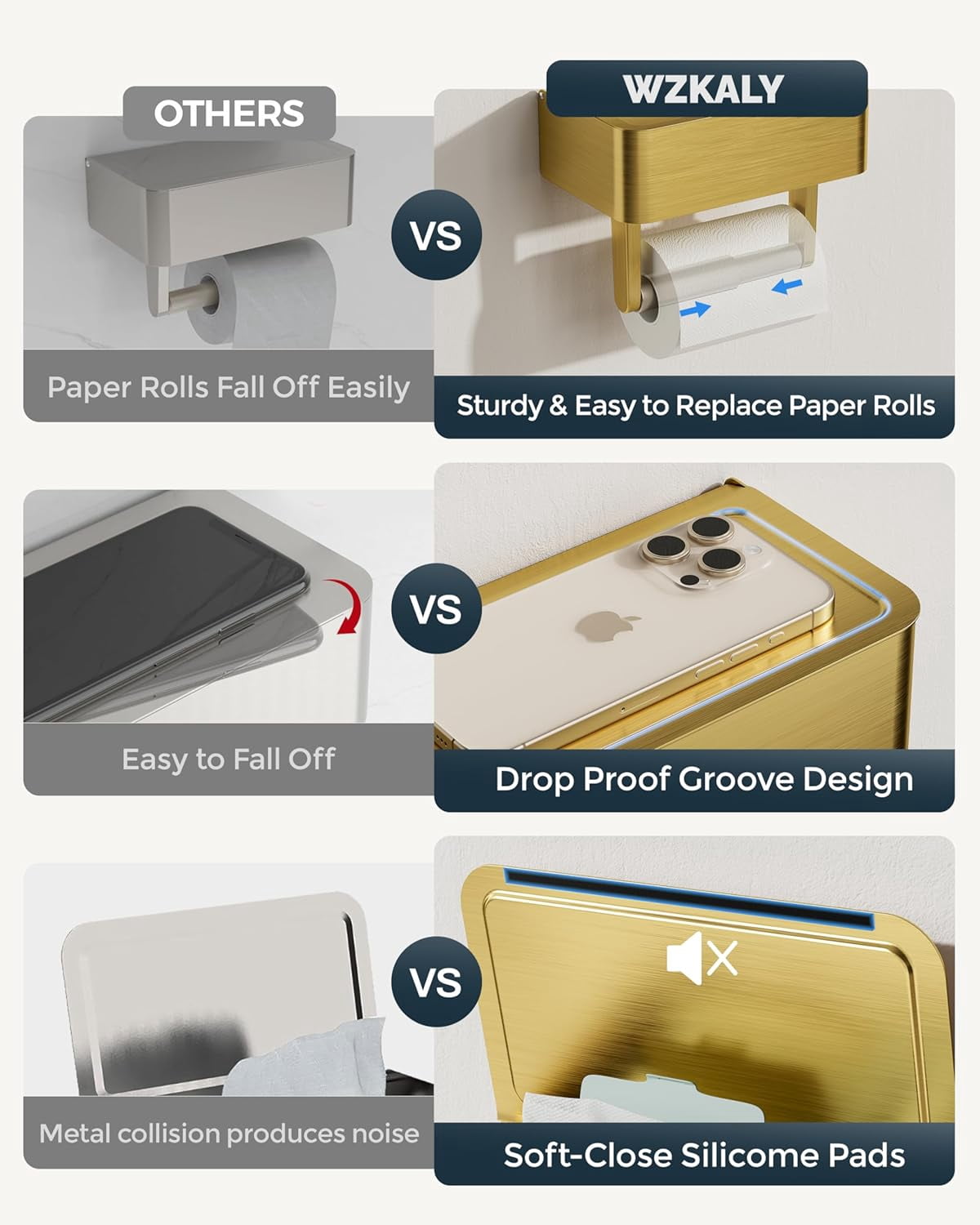 EP Toilet Paper Holder with Shelf, Wipes Holder for Bathroom, Flushable Wipes Dispenser, Stainless Steel Toilet Paper Roll Holder with Storage for Wet Wipes Wall Mounted (Gold, Regular Roll)