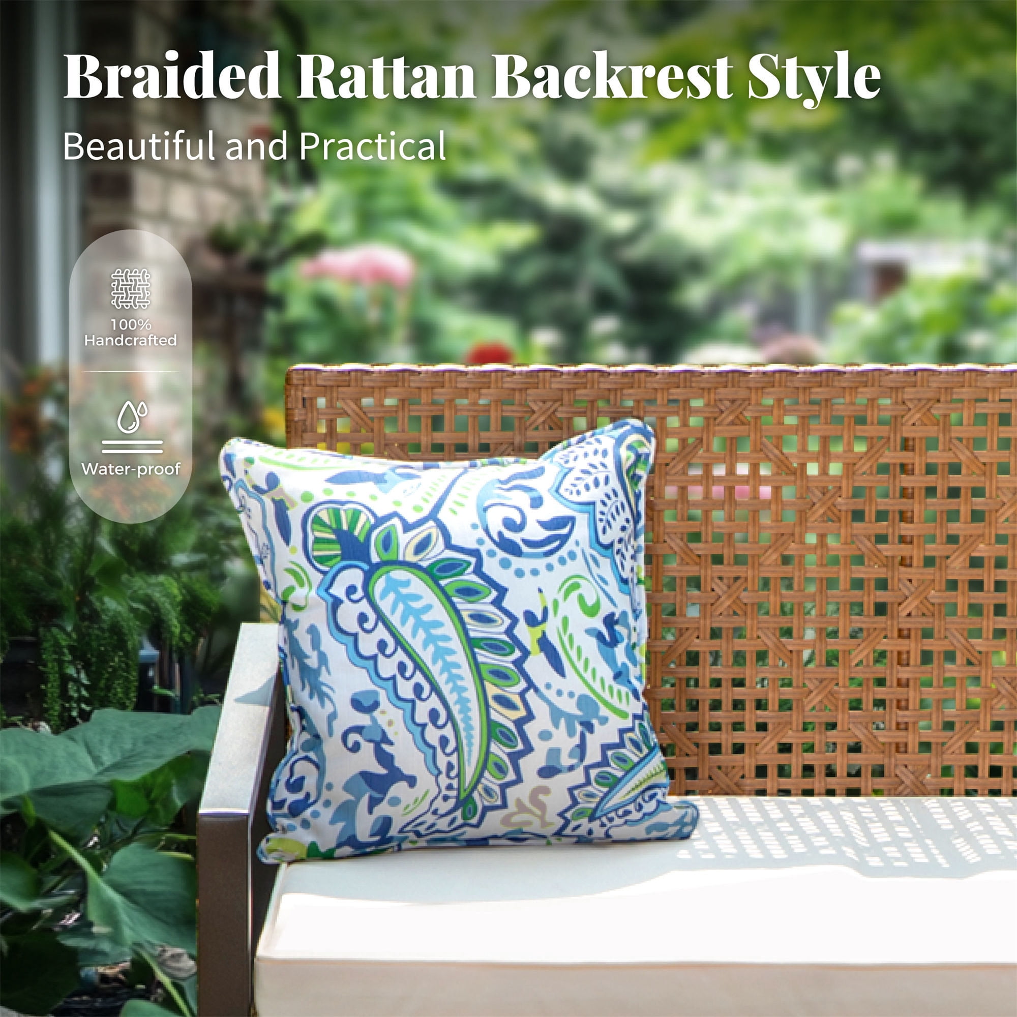 MF Studio 4-Piece Wicker Patio Furniture Set with Acacia Wood Table, Weather-Resistant Outdoor Conversation Set, Brown and Beige
