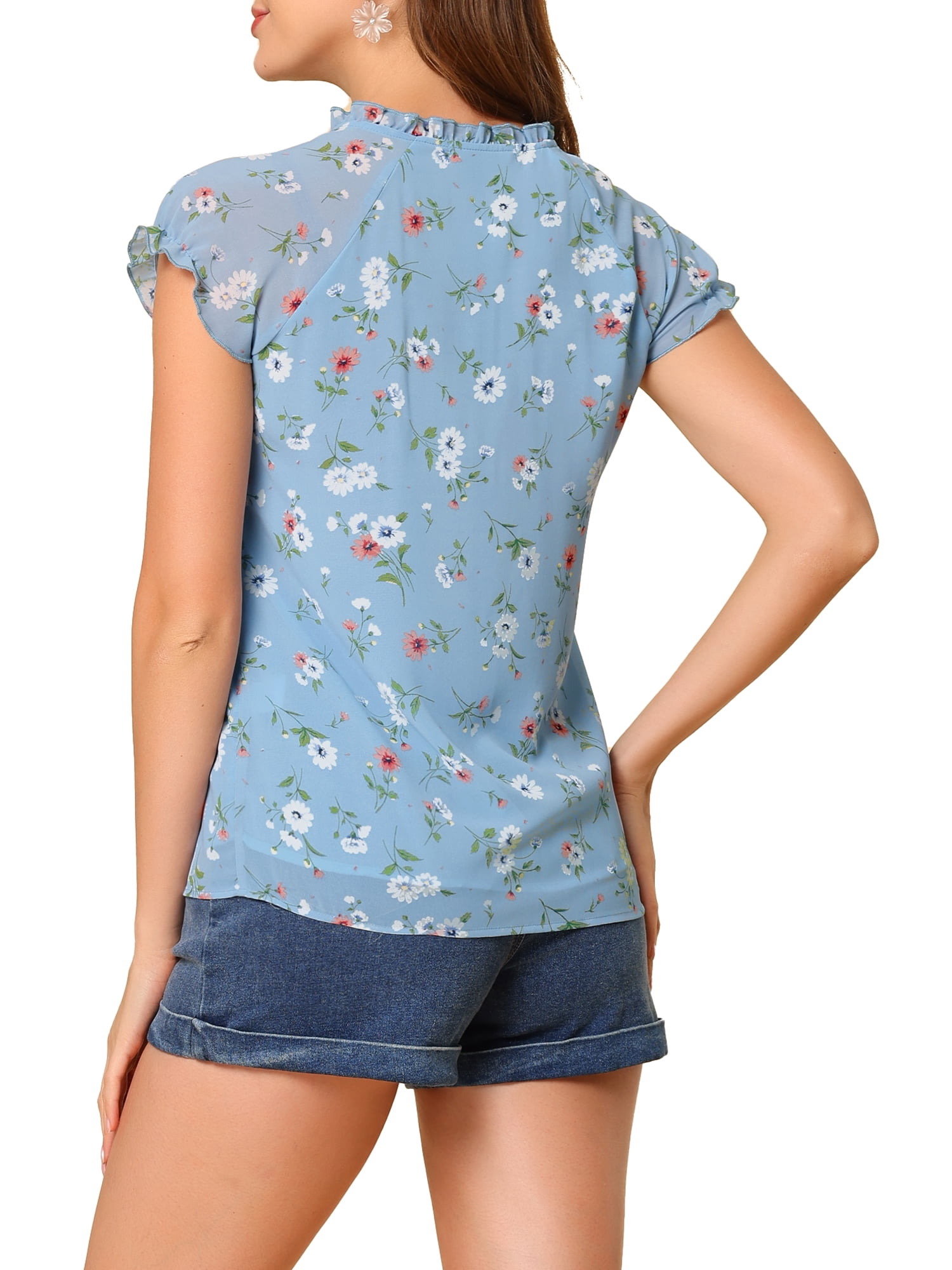 DARING DIVA Women's Ruffle V Neck Cap Sleeve Chiffon Floral Blouse Top S Blue