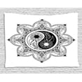 thumbnail image 1 of Ying Yang Decor Tapestry, Boho Symbol in a Flower Zen Peace Hippie Design Floral Mandala Pattern, Wall Hanging for Bedroom Living Room Dorm Decor, 80W X 60L Inches, Black and White, by Ambesonne, 1 of 2