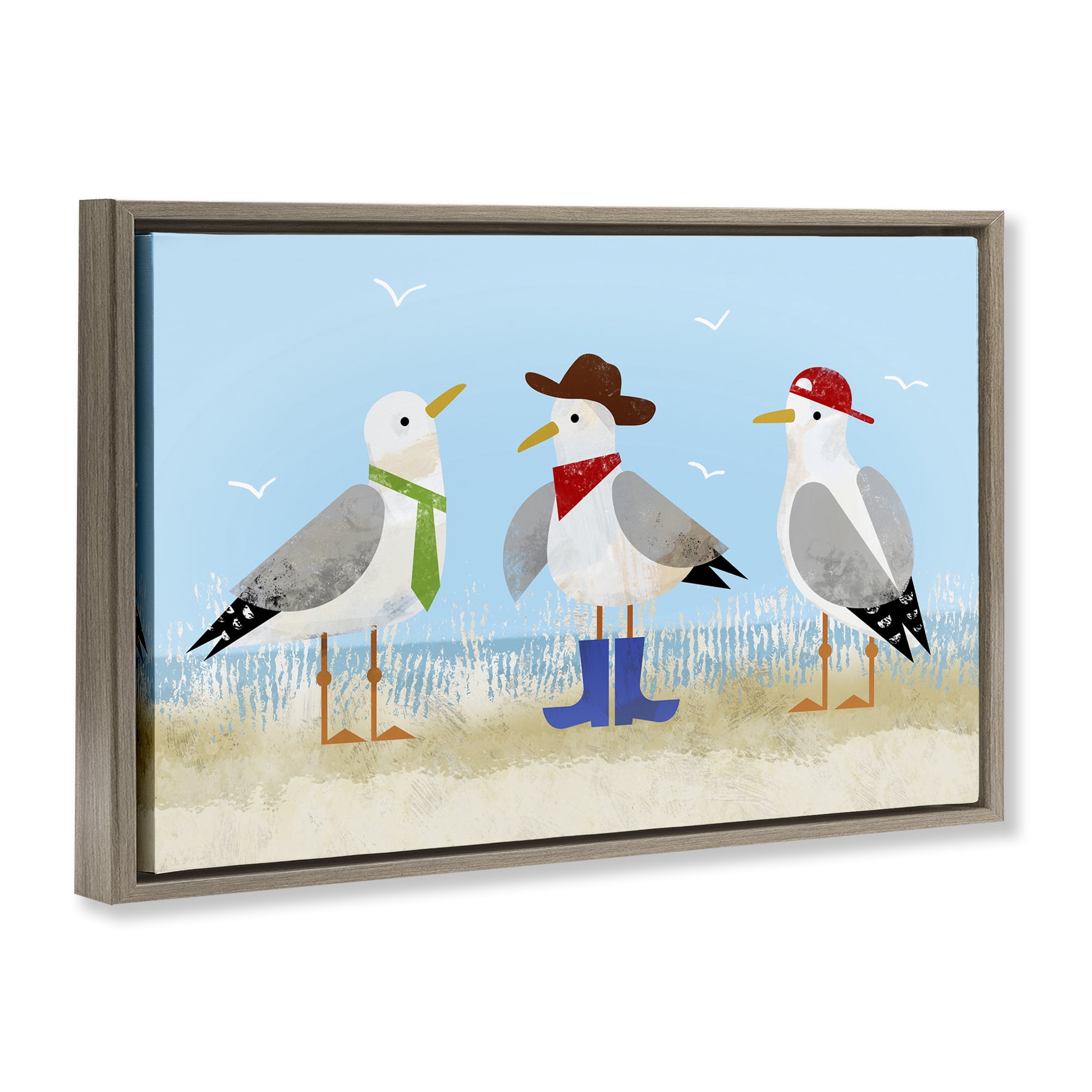 Stupell Industries Dressed Seagulls on Beach Animals Painting Brown Floater Framed Canvas Art Print Wall Art, 31 x 21