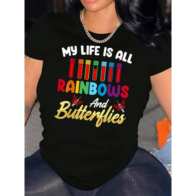 Creative Colorful Pharmacy Letters Pattern Printing Women'S Fashion Trend Round Neck Short Sleeve, Simple Casual Sports T-Shirt, Holiday Comfortable Summer Tops Women'S ClothingFather's Day, Mother'