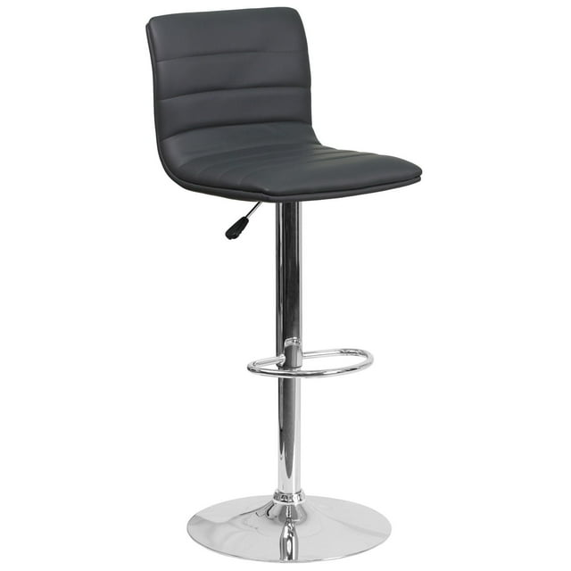Contemporary Gray Vinyl Adjustable Height Barstool with Horizontal Stitch Back and Chrome Base