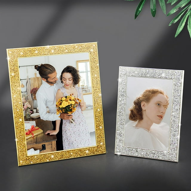 YAOMOBB Wedding Picture Frame Luxury Non Skid Electroplated Stainless Steel Photo Frame 5 6 7 Inch Shiny Edge Wall Mounting and Table Top