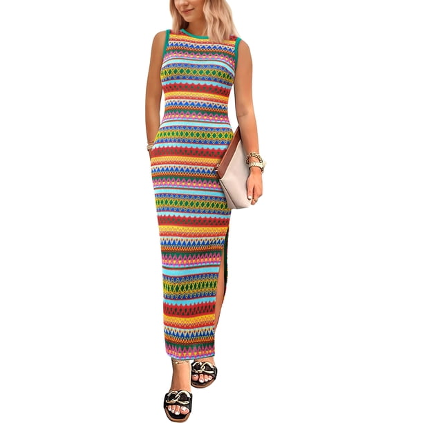 Vestido Maxi sin Mangas PRETTYGARDEN de Rayas Verde Talla M