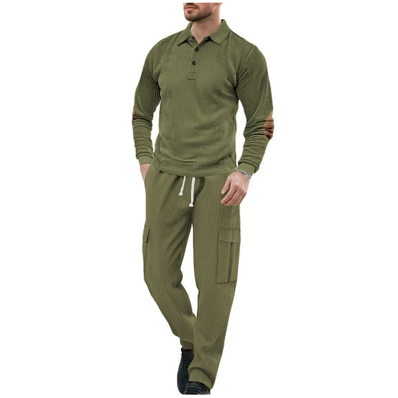 Erwazi Corduroy Tracksuit for Men 2 Piece Outfits Sweatsuit Polo Collar Long Sleeve Sweatshirt & Cargo Pants Set Lounge Wear Sweat Sets