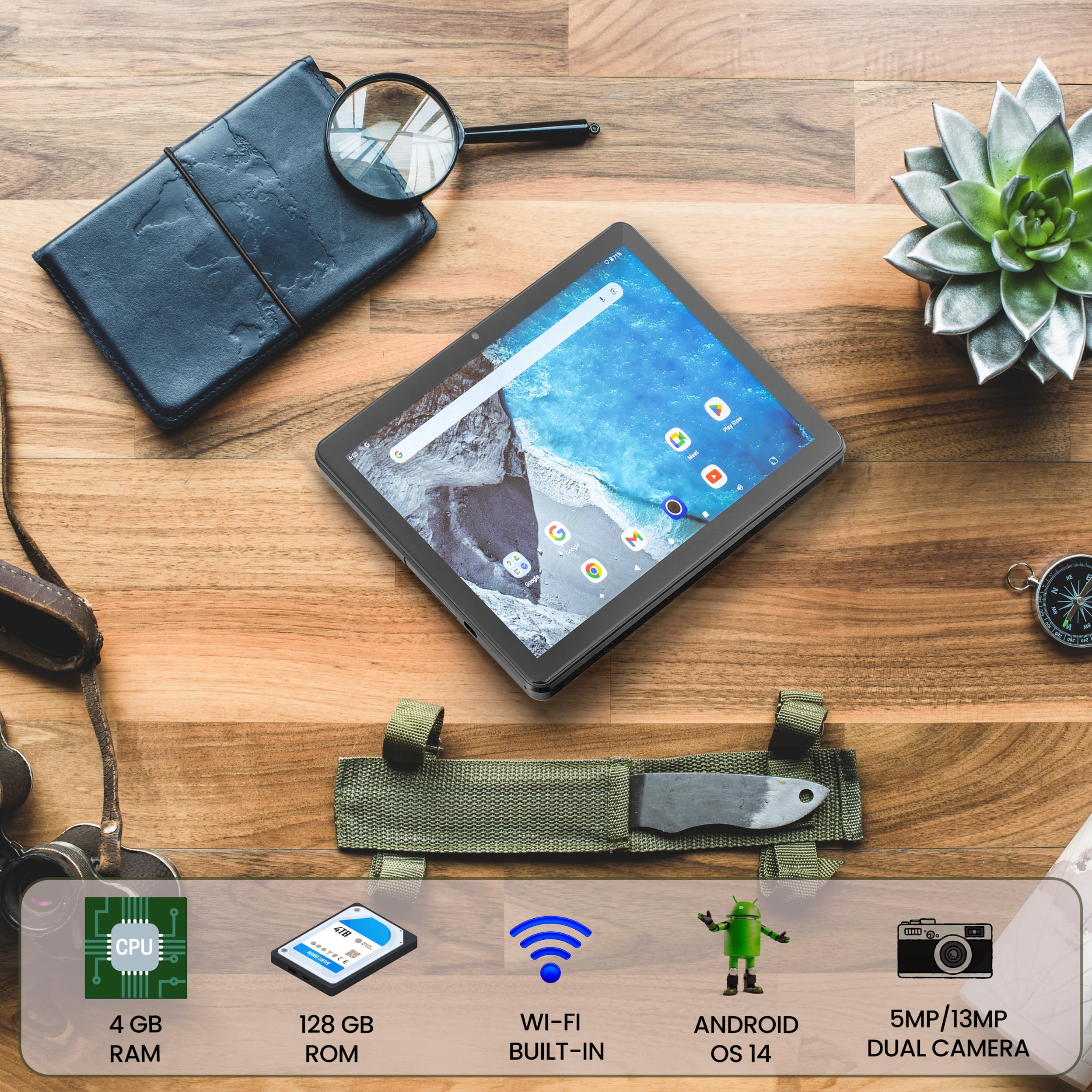 Memorex Bonus Buy Ultimate 4-in-1 Rugged Bundle with 10.1" HD IPS Android 14 8-Core Tablet, 128GB Storage, 4GB RAM with Bonus SHOCK Resistant Case, Braided 10ft USB-C cable & Premium Screen Protector
