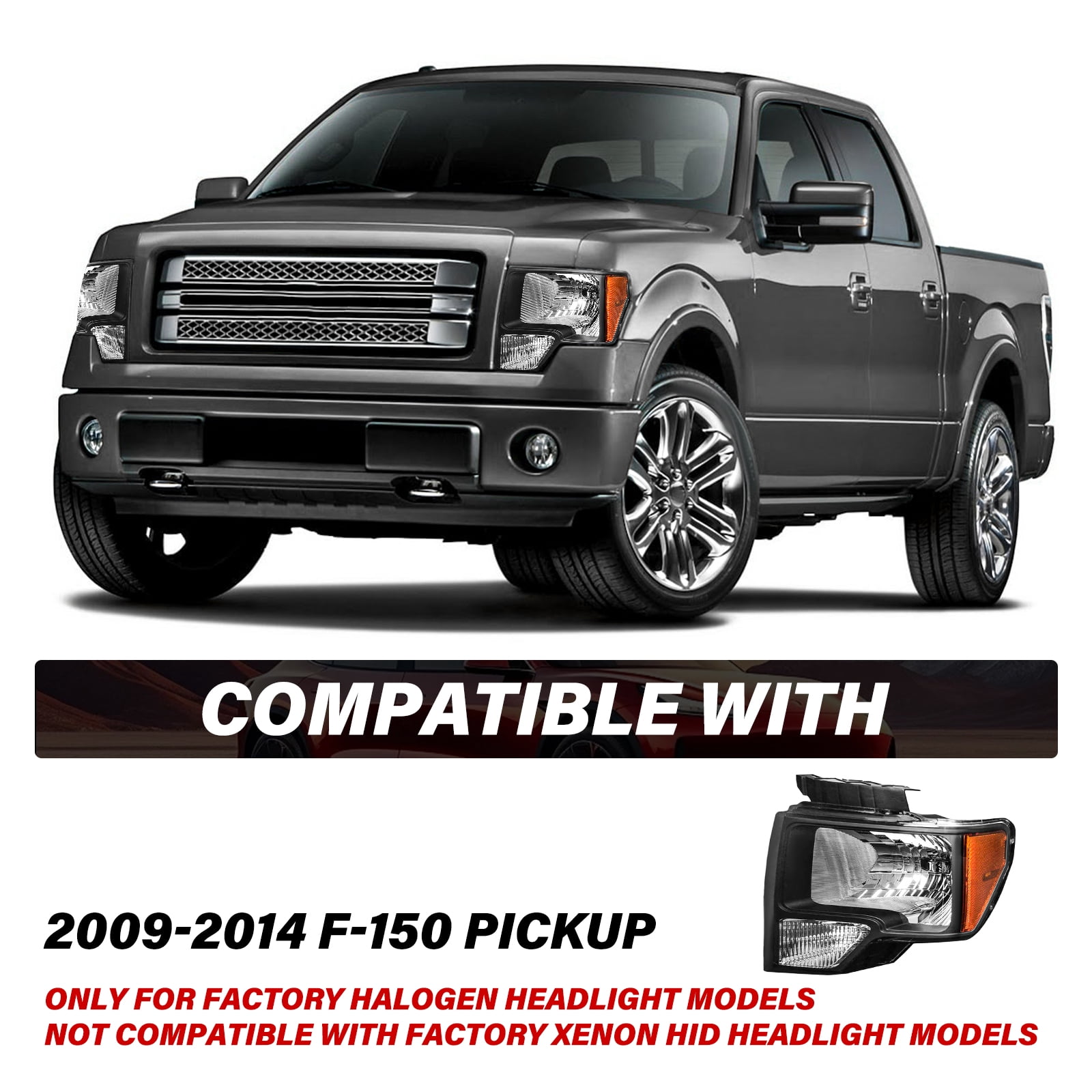 For 09-14 Ford F-150 F150 Pickup Black Headlights Assembly Lamps Left+Right Pair