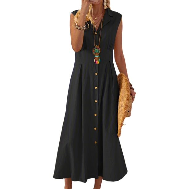 Lucakuins Vestido largo para mujer, sin mangas, con cuello vuelto, con botones, informal, para fiesta, verano, vestido acampanado Lucakuins moda