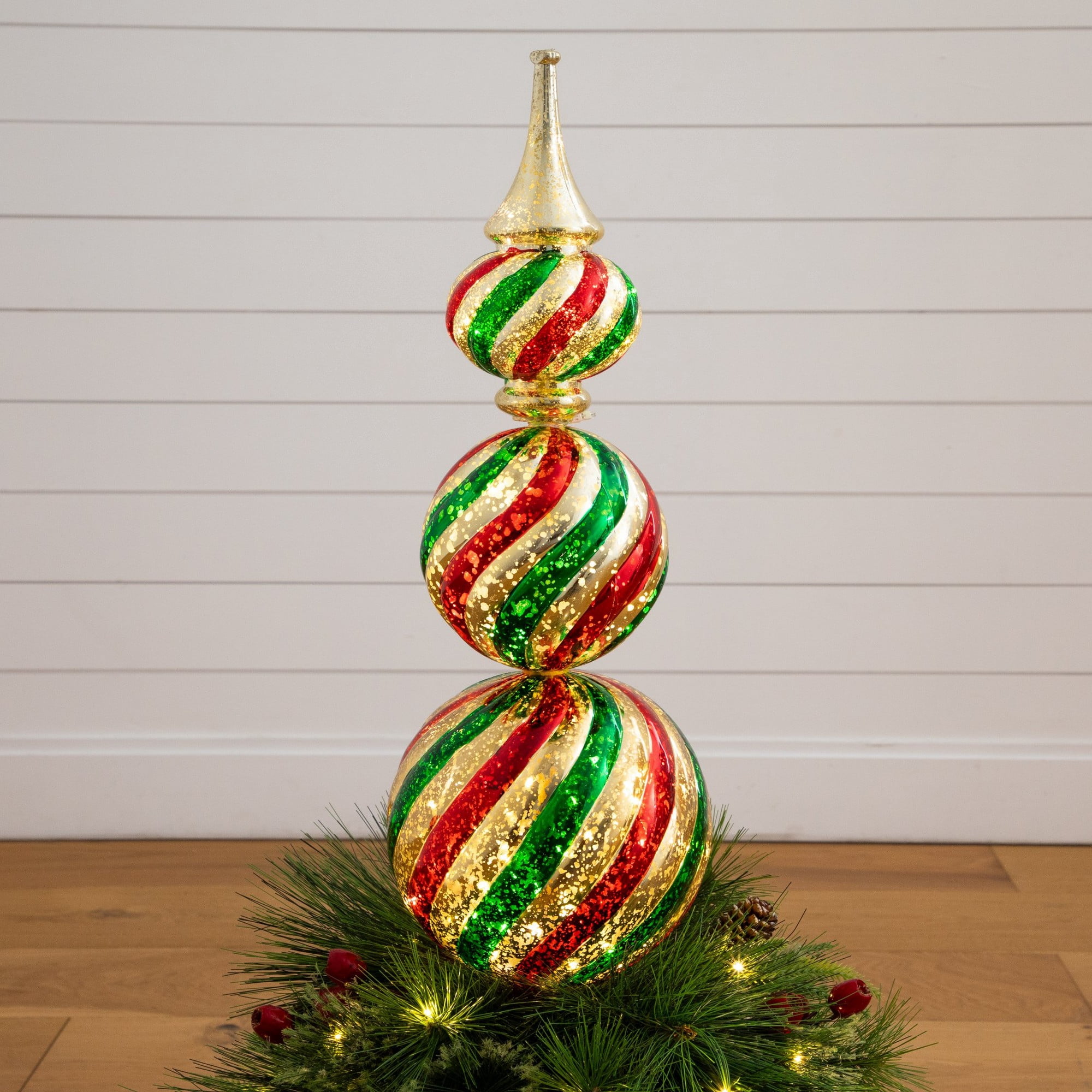 3ft. Pre-Lit Artificial Christmas Finial Ornament and Mixed Pine Topiary Tree with Berries & Pinecones and 70 LED Lights in Decorative Urn