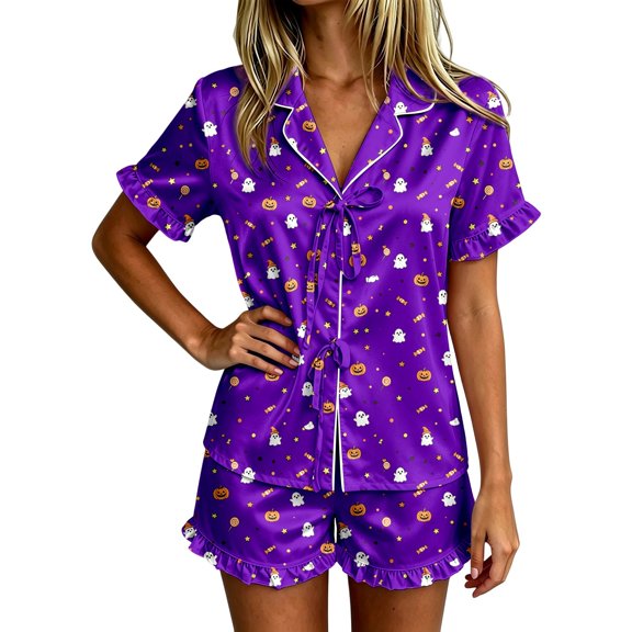 ZHOGXU Womens Halloween Adorable Ghost Pumpkin Print Satin Pajama Sets Notch Collar Short Sleeve Tie Front Top Ruffle Hem Shorts 2PCS Pjs Fashion Sleepwear,Purple,M